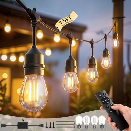 100FT S14 Outdoor String Lights, 64+4 Shatterproof Bulbs 2W, 1.5FT Spacing IP65 Waterproof| Dimmable with Remote, Heavy-Duty, Include Screw & Zip Ties for Patio Backyard Holiday Outside - size: 100 FT with 64+4 Bulbs (1.5FT Bulbs Apart)
