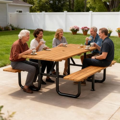 Outdoor Wooden Picnic Table Heavy Duty Picnic Tables Benches Set with Umbrella Hole , 72” Dining Table Set for 6 Person Metal Frame & Solid Wood Waterproof Tabletop for Backyard, Porch, Patio(Natural - size: Heavy Duty-yellow