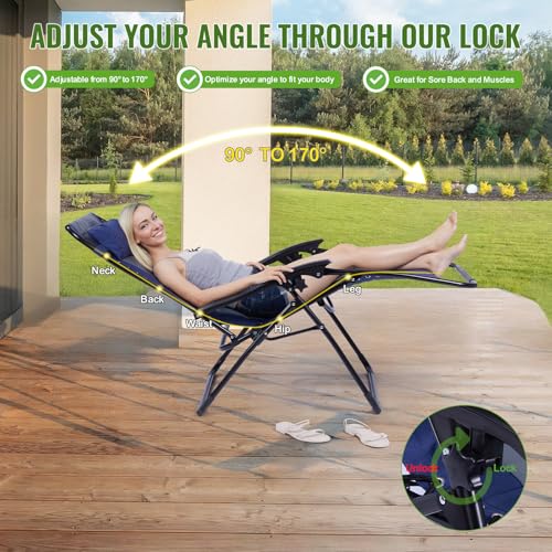 Backyard Expressions Deluxe XL Padded Recliner Zero Gravity Chair – Ergonomic Anti-Gravity Lounger with Folding Design, Side Tray, and Adjustable Headrest - color: Navy/Grey
