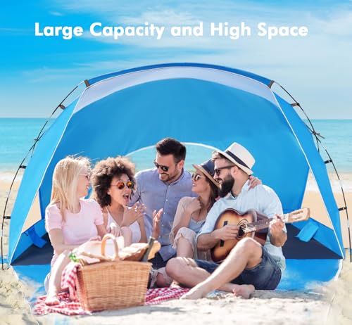 Beach Tent, Portable Sun Shelter for 2/3/4/6-8 Person with UPF 50+ UV Protection, Easy Setup Waterproof Beach Shade Canopy Cabana for Family Outdoor and Picnics, Fishing with Carrying Bag - color: Blue, size: Deluxe 6-Person