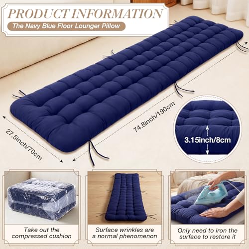 Wenqik Long Floor Cushion Large Floor Cushion with Brushed Cotton 74.8 x 27.5 x 3.15 in Jumbo Lounger Pillow for Outdoor Indoor Bay Window Meditation Yoga Reading Sleeping(Navy Blue) - color: Navy Blue