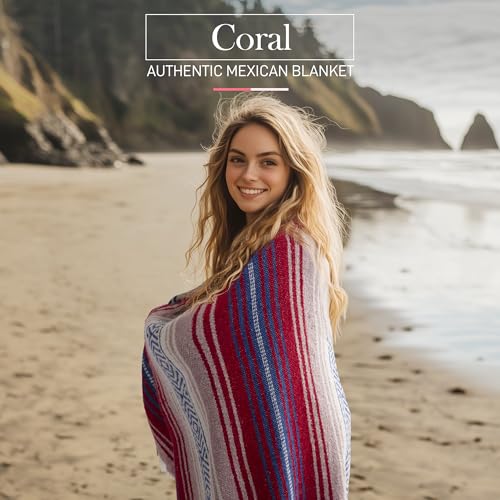 Hydration Nation Authentic Mexican Serape Blanket - Soft & Durable - Lightweight Falsa - Coral, 70"x50" - color: Coral