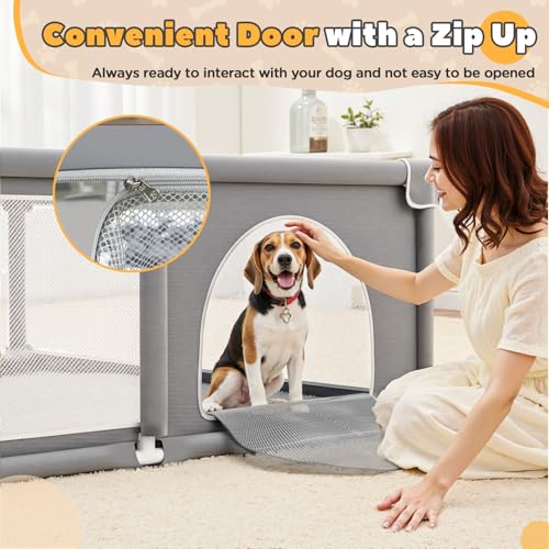 71x59x26 Inches Puppy Playpen with Gate, Dog Playpen for Puppies or Small Dogs, Sturdy Safety Dog Fence Pet Playpen with Thickened Fabric, High-Strength Nylon Wire Mesh for Indoor & Outdoor,Washable - color: Light Grey-Extra Large