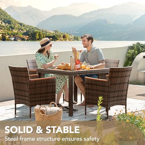 Devoko 5 PCS Furniture, Patio Conversation Set with Acacia Wood Top, Rattan Outdoor Dining Table and Chairs for Backyard, Garden, Deck, Brown - color: Brown, style: 5 Piece Dining Set