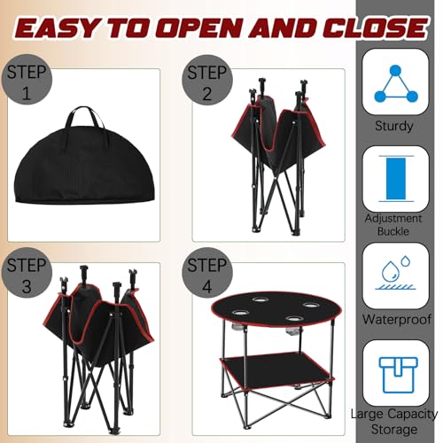 Soaoo 2 Pcs Folding Camping Table with 4 Mesh Cupholders 2 Tier Portable Folding Table Round Lightweight Fabric Compact Carrying Case Beach Table for Summer Outdoor Tailgating Fishing Hiking - color: Black
