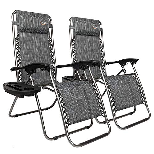 VINGLI Upgraded Zero Gravity Chair Set of 2 Lounge Outdoor Chairs with Trays and Pillows, Folding Patio Recliner Chairs for Backyard Poolside Garden - color: Grey