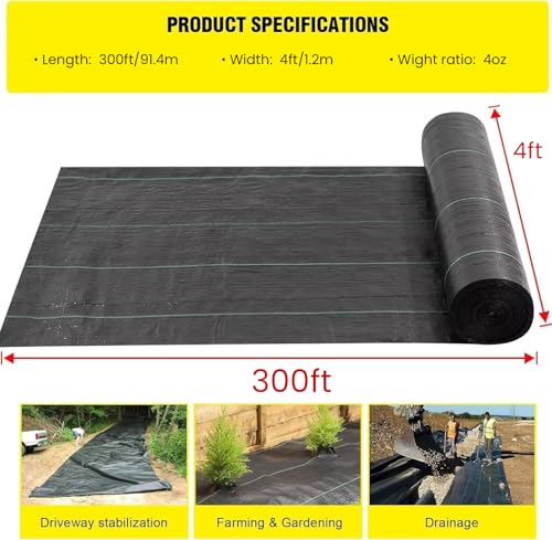 DWALE Driveway Fabric, 4x300 ft Polyethylene 4OZ Woven Black Weed Barrier Fabric for Erosion Control, Landscaping & Construction Projects - size: 4x300 Ft-4oz