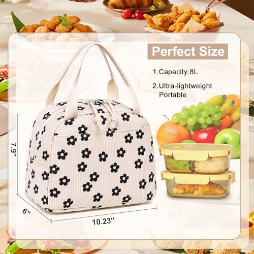LEDAOU Lunch Box for Women Insulated Lunch Bag Corduroy Lunch Tote Bags Leakproof Cooler Lunch Case for Travel Work Picnic (Black Floral) - color: Black Floral