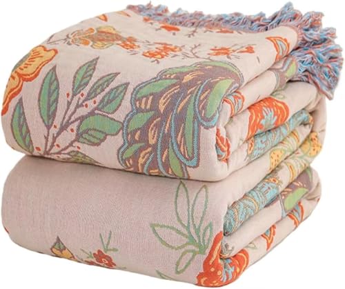 Boho Throw Blanket for Bed 100% Cotton Bohemian Blankets Ultra Soft Woven Muslin Decorative Blankets All Seasons Vintage Quilt Knitted Blanket for Sofa Chair(Orange, 90"x98") - color: D-orange, size: 90"x98"