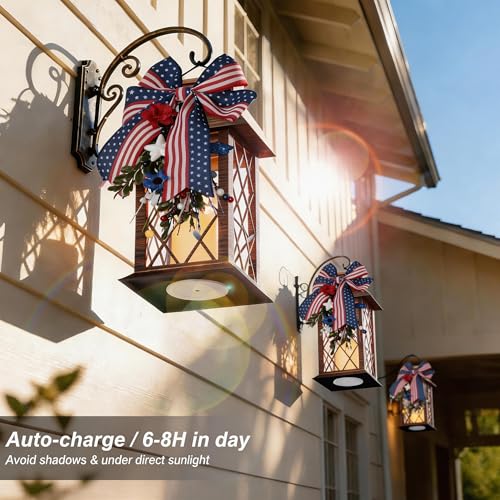 4th of July Solar Lanterns Outdoor Waterproof, Patriotic Hanging Lantern with Flickering LED Candle, 13" Independence Day Lanterns Decorations for Patio Porch Garden Yard Pathway, 1 Pack - size: Patriotic 1 Pack