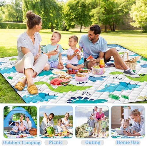 Extra Large Picnic Blanket Waterproof,80"x 80"Foldable Machine Washable Beach Blanket,Outdoor Blanket for 6-8 Adults,Picnic Mat Suitable for Indoor Crawling,Park Beach,Camping,Hiking,Travel(Dinosaur) - color: Green Dinosaur, size: 6'8" x 6'8" (Square)