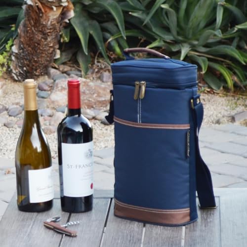 Picnic at Ascot - Insulated 2 Bottle Travel Wine Tote with Corkscrew & Shoulder Strap - Navy - color: Navy