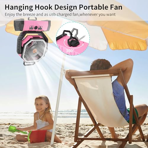20000mAh Camping Fan Battery Operated Fans Portable,Portable Rechargeable Battery Powered Fan with LED Light,360°Oscillating & 8H Timer Camping Essentials Fans with Hook pink fan - color: Pink