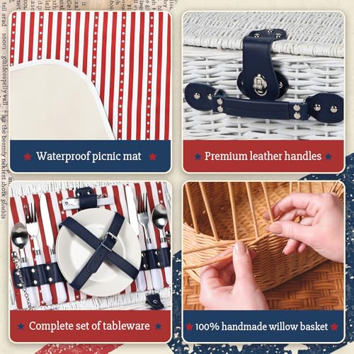 Wicker Picnic Basket for 2 with Waterproof Picnic Blanket and Insulated Bag, Patriotic Red White and Blue Star Pattern for Soccer Game, Camping, Travel, Birthday Gift, Wedding Gift - color: Classic Red White and Blue - 2
