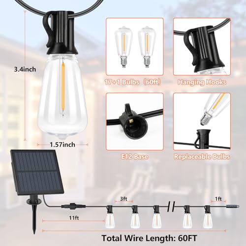 Bosceos Solar Outdoor String Lights Waterproof, 60FT Solar Powered String Lights for Outside with Shatterproof Bulbs, Dimmable ST38 LED Lights String, Patio Hanging Lights for Backyard Garden Party - size: 60FT