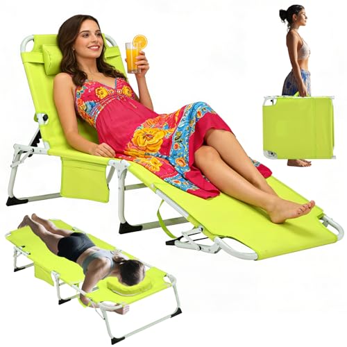 3-in-1 Heavy Duty Tanning Chair with Face Hole Adjustable 5-Position Folding Chaise Lounge Chairs Portable Lay Flat Beach Lounge Chair for Outdoor Sunbathing Patio Pool Lawn Camping Deck (Green) - color: Yellow