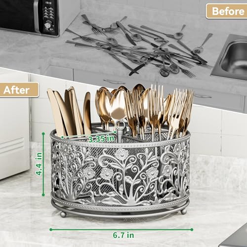 YIUKEA 360° Rotating Utensil Caddy - Silverware Cutlery Caddy Holder with 4 Compartment, Metal Flatware Organizer Countertop with Handle for Party Camping Picnic, Kitchen Counter, Office (Silver) - color: Silver