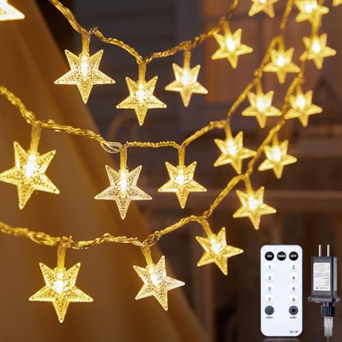 Star String Lights Plug in - 33 ft 100 LED Star Fairy String Lights with Remote and Timer, Waterproof for Bedroom Porch Wedding Party Patio Garden Tent Indoor Outdoor Décor, Warm White - color: Warm White - 33ft