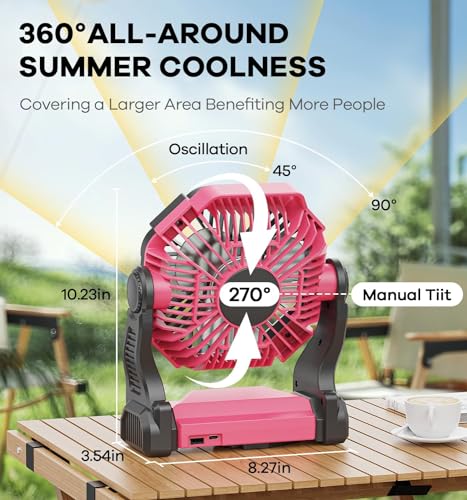 DOWILLDO 20000mAh Portable Battery Powered Camping Fan - with LED Light, Quiet Battery Operated, Camping Gear for Travel, Tent, Beach, Car or Hurricane Power Outages, Pink - color: Pink, size: 20000mAh