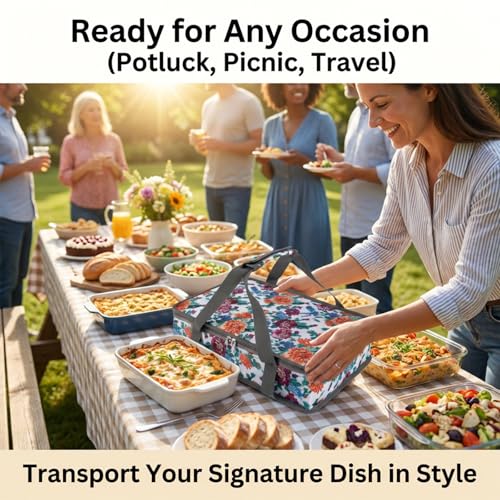 Insulated Casserole Carrier Fits Pioneer Woman Kitchen Stuff & 9x13 Baking Dish, Leakproof Lasagna Lugger Tote, Thermal Food Warmer Bag for Potluck, Picnic, Travel - Vintage Floral & Mom Gifts - color: Floral#3
