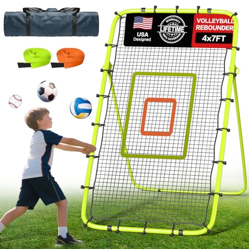 Volleyball Rebounder Net 7x4 Ft, 5-Angle Adjustable Rebounder Net for Practicing Digging, Setting, Spiking, Bounce Back Training Equipment with 2 Target Stripes & Portable Travel Bag for Storage - color: NET101-Green