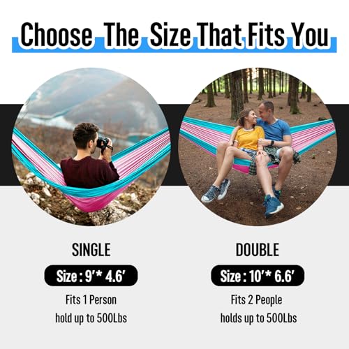 Grassman Camping Hammock Double & Single Portable Hammock with Tree Straps, Lightweight Nylon Parachute Hammocks Camping Accessories Gear for Indoor Outdoor Backpacking, Travel, Hiking, Beach - color: Pink & Blue, size: One Person