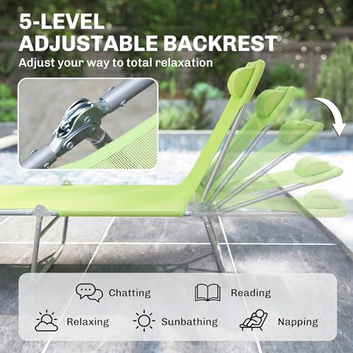Outsunny Folding Chaise Lounge Pool Chairs, Outdoor Sun Tanning Chairs with Pillow, Reclining Back, Steel Frame & Breathable Mesh for Beach, Yard, Patio, Green - color: Green