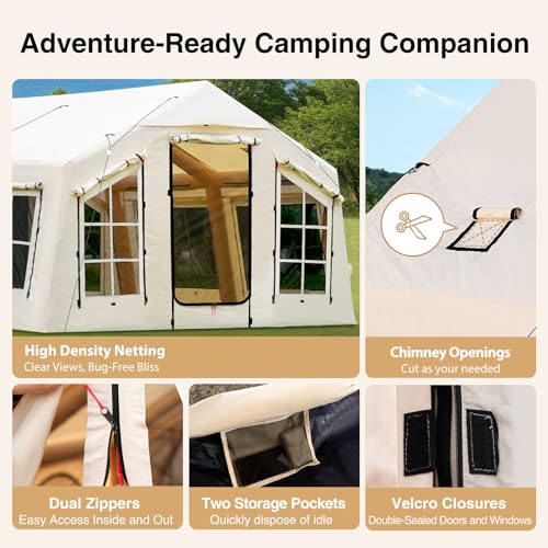KNUO Inflatable Camping Tent, Large Blow-Up Air Tent, No Assembly Needed Luxury Glamping House, Oxford Fabric - color: Light Beige-Dual-layer Doors, size: 12x12ft