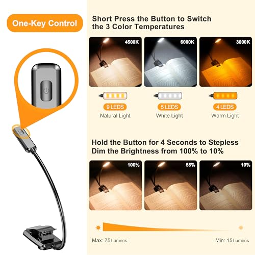 Gritin 9 LED Rechargeable Book Light for Reading in Bed -Eye Caring 3 Color Temperatures,Stepless Dimming Brightness,80 Hrs Runtime Small Lightweight Clip On Book Reading Light for Studying - color: Jet Black