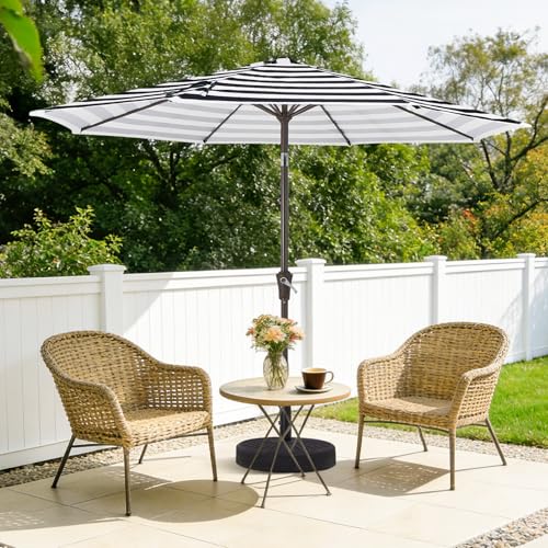 MEWAY 9ft Patio Umbrella Outdoor Table Umbrellas with Push Button Tilt and Crank, Market Umbrella 8 Sturdy Ribs for Deck, Garden, Pool and Backyard, Black-white-striped - color: Black-white-striped, size: 9ft