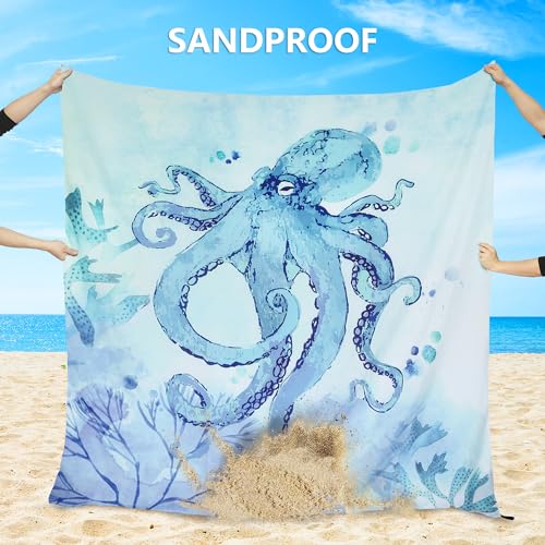 AISPARKY Beach Blanket Waterproof Sandproof Extra Large, Oversized Beach Mat, Quick Drying&Compact&Lightweight, Picnic Blankets Vacation Essentials for Outdoor Beach Camping (79" X 83" (4 Person)) - color: Blue - Octopus, size: 6'11" x 6'7"