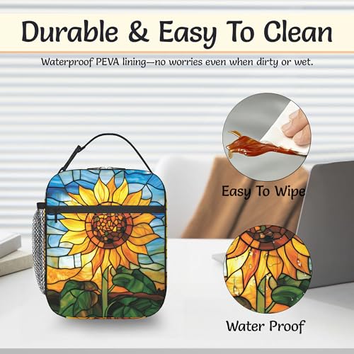 Sunflower Reusable Lunch Bag,Retro Flower Insulated Lunch Box with Side Pockets for Girls Boys Women Portable Thermal Cooler Bag for Teens School,Work,Picnic,Beach - color: Sunflower