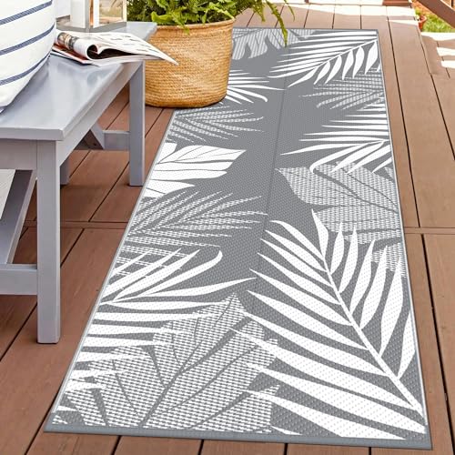 GENIMO Outdoor Rug 2.5' x 8' Waterproof for Patios Clearance, Reversible Outdoor Plastic Straw Hallway Runner Rug Carpet, Entryway Rugs Mats for Deck, Porch, Balcony, Camping, RV, Camper, Grey&White - color: Grey & White | Waterproof, size: 2'6" x 8' (Rec