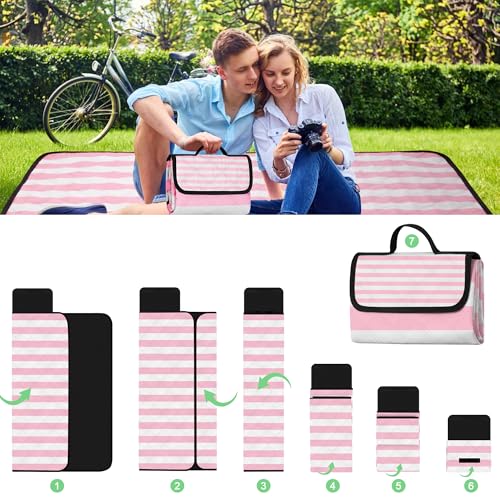 Waterproof Picnic Blankets,79''x79'' Extra Large Foldable Sandproof Beach Blanket,Portable 3-Layer Polyester Outdoor Picnic Blanket for Grass Lawn,Beach,Family Camping,Park,Travel-Pink Stripe - color: Pink Stripe