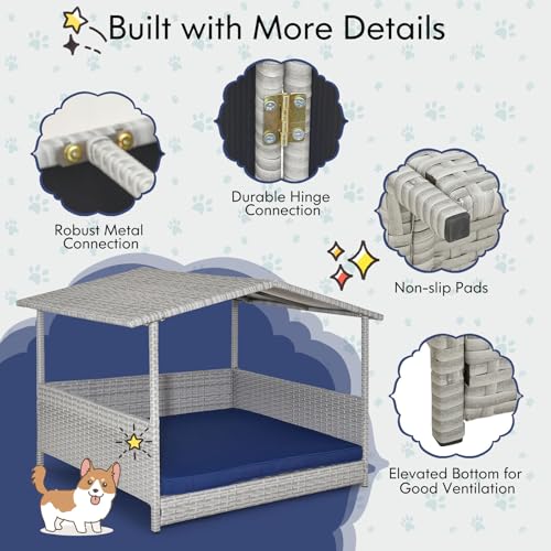Tangkula Wicker Dog House, Indoor Outdoor Raised Rattan Dog Bed w/Removable Cushion, Washable Cover, Weatherproof Roof, Rattan Puppy Shelter w/Elevated Floor for Small Medium Dogs (Grey & Navy) - style: Grey House & Navy Cushion