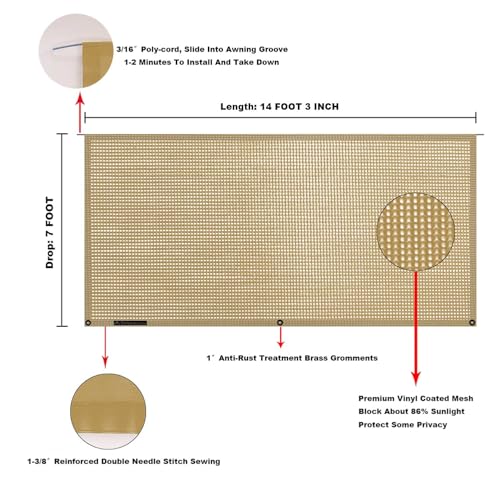 Tentproinc RV Awning Sun Shade Screen 7' X 14' 3'' (Fit for 15' Awning) Mesh Sunshade for RV Awning Sunscreen Motorhome Camping Trailer Awning Shadescreen Block UV Glare - 3 Year Warranty (Beige) - color: Beige, size: 7' x 14'3'' -Actual Measurement