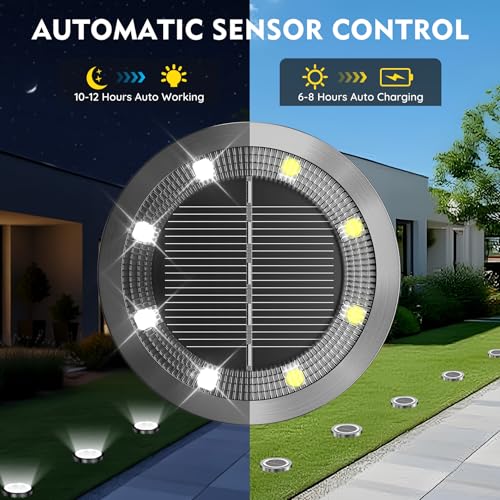 Solar Ground Lights Outdoor, 8 Pack Solar Lights Outdoor Waterproof, Mini Flat Solar-Powered Garden Light, Landscape Lighting for Garden Yard Lawn Pathway Walkway Driveway Backyard Decor, Cold White - color: White, size: 8 Packs