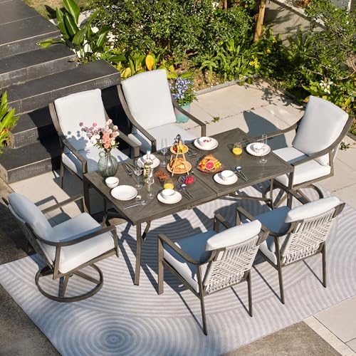 NATURAL EXPRESSIONS 7 Piece Patio Dining Table Outdoor Furniture Set for 6, 4Pcs Fixed and 2Pcs Swivel Patio Dining Chairs with Olefin Cushions, 65”Large Dining Table with Umbrella Hole - size: 7pcs Dining Sets