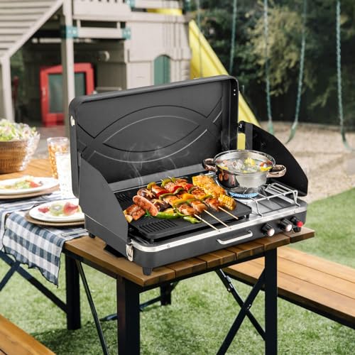 Giantex Portable Propane Grill & Camping Stove, 20,000 BTU Gas Camping Grill Burner, Independent Temperature Control, 3-Sided Wind Guard, Detachable Legs, for BBQ, Tailgating, Outdoor Cooking (Black) - color: Black