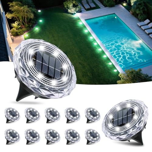 Solar Ground Lights,Solar Disc Light Outdoor Waterproof,Landscape Lighting Garden Lights for Pathway, Yard, Deck, Lawn, Patio, Swimming Pool, Walkway(Cool, 12Pack) - color: Cool colors, size: 12 Pack
