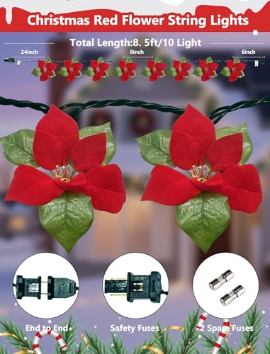 8.5FT Christmas LED Flower String Lights, Christmas Decorations Lights Outdoor with 10 LED Red and Green Flowers Bulbs, Plug in Flower Fairy Light for Valentines Wedding Garden Porch Floral Decor - color: Red Flower