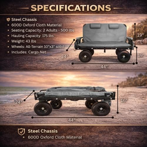 The Lounge Wagon – The Only Wagon that Converts into a 2-Person Chair - 3-in1 cart - Included Cargo net- Ultimate Beach Wagons– Beach Chairs for Adults – Sports Wagon(Umbrella Sold Separately), Gray - color: Gray