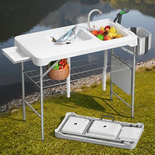 Folding Fish Cleaning Table with 2 Sinks, 42.5'' Portable Camping Sink Table with Foldable Faucet, Drainage Hose, Sprayer, Storage Box,Drawer & Grooves, Outdoor Fillet Station for Picnic, White - color: White