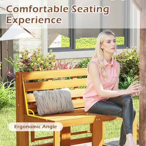 HAPPYGRILL 3-in-1 Acacia Wood Outdoor Dining Table Bench Set, with 2 Built-in Chairs, Plant Stand, Patio Bench Table for Backyard Garden