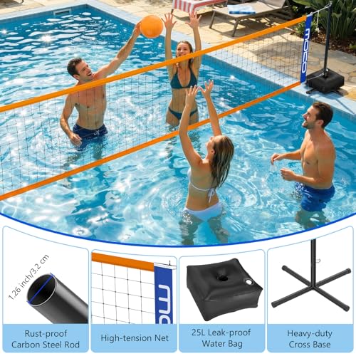 MoKo Pool Volleyball Net, Swimming Pool Volleyballs Set with Adjustable Length 15-25FT, Water Volleyball Stand with Two 25L Dual Water Bags, Pool Games for Adults and Family Members