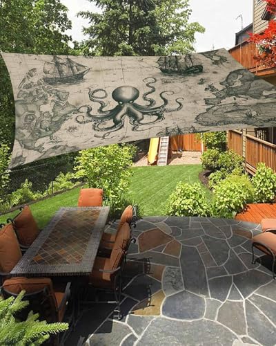 Retro Medieval Sun Shade Sail 14' x 18' Map Octopus Nautical Waterproof Sun Shade Rectangle UV Block Canopy Awning Outdoor Sunshade for Patio Porch Pergola Deck Backyard Garden - color: Khaki Gray, size: 14' x 18'