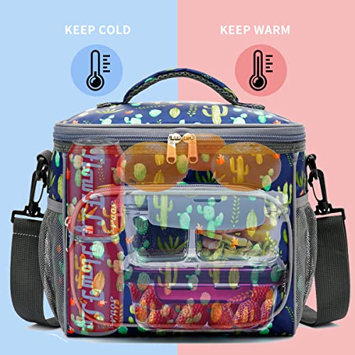 FlowFly Insulated Reusable Lunch Bag Adult Large Lunch Box for Women and Men with Adjustable Shoulder Strap,Front Zipper Pocket and Dual Large Mesh Side Pockets,Cactus - color: Cactus