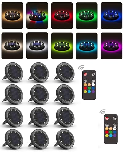 Color Changing Solar Ground Lights with 33ft Long Distance Remote Control - Flat Solar Lights Outdoor Waterproof - Pathway Lights Solar Powered for Yard Decorative Outside Lawn Walkway [12 Pack] - size: 12PACK