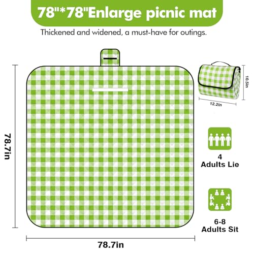 78.7''x78.7'' Extra Large Picnic Beach Blankets, 3 Layers Plaid Waterproof Thickened Foldable Camping Blanket, All-in-one Portable Mat, Suitable for Park, Camping, Outdoor Indoor, Green
