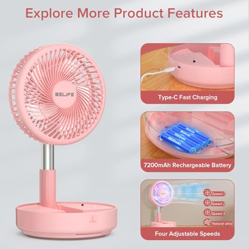 Belife X8 Portable Fan, 7200mAh Battery Powered Rechargeable, Oscillating USB Desk Floor Fan with Remote, Foldable Telescopic Fan for Home Bedroom Sleeping Office Camping Travel, 7.7" (Pink) - color: Pink, style: Oscillating
